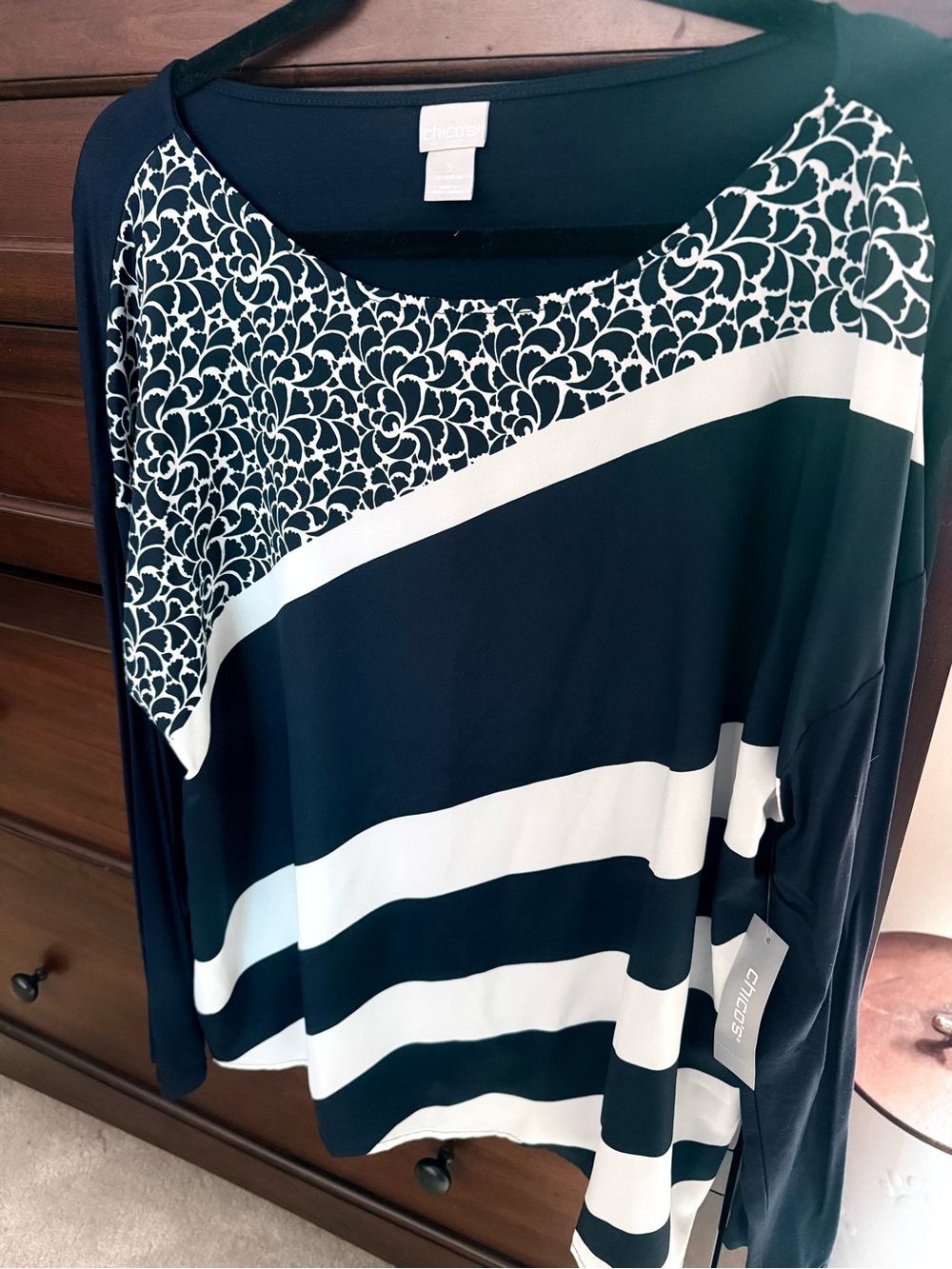 Chico's Navy and White Striped Long-Sleeve Top with Patterned Yoke